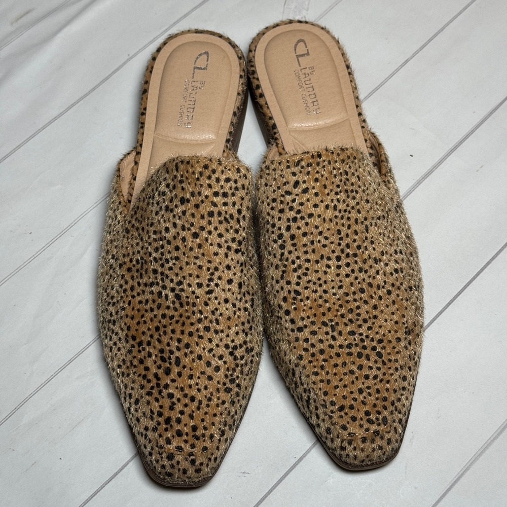 CL by Laundry Faux Fur Leopard Print Mule Sandals Slip On Dressy Chic Shoes 9.5M